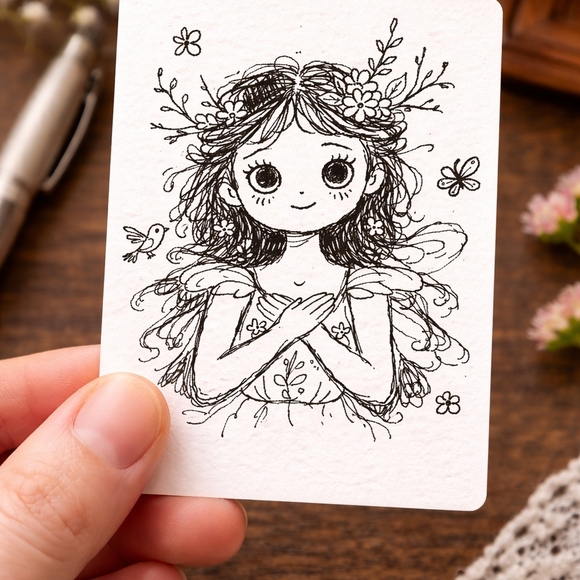 srj studio Other - Aceo Print Hand-Drawn Fairy Illustration Art Print - Black
